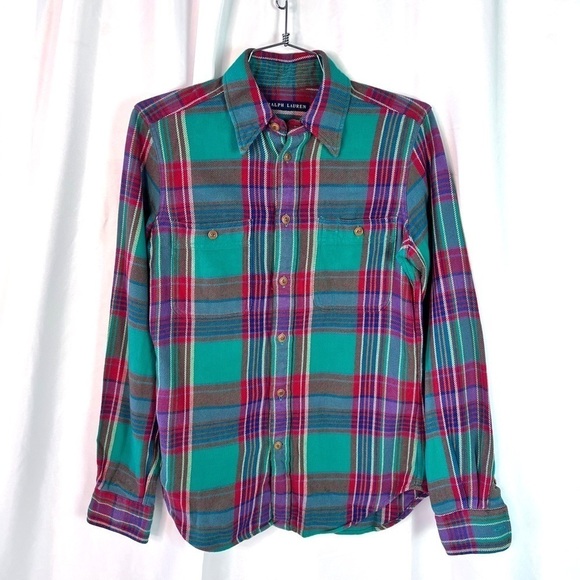 RALPH LAUREN MULTICOLOUR FANNEL PLAID BUTTON DOWN SHIRT PREPPY LONG SLEEVE SMALL - Picture 4 of 12